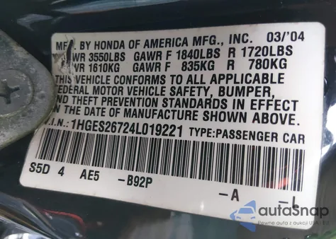 2004 Honda Civic Ex из США, поврежденный, VIN 1HGES26724L019221